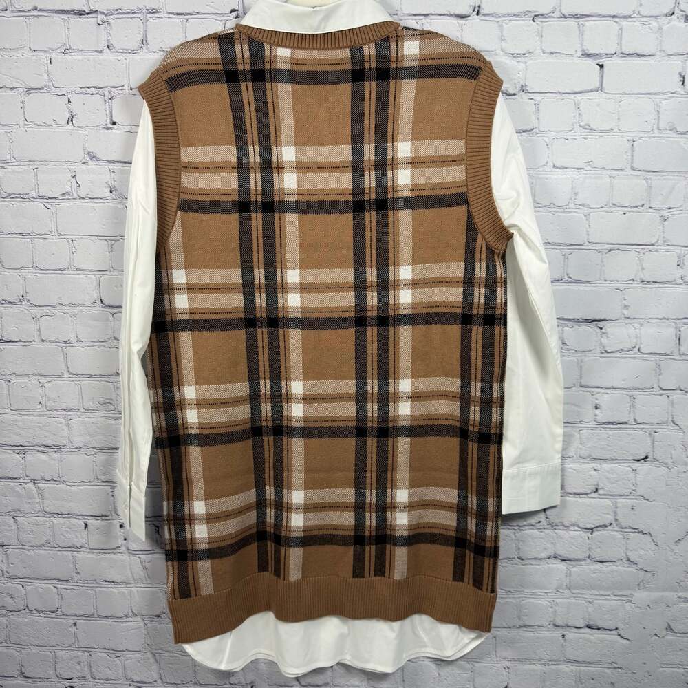 Tahari NWT Two-in-One Long Sleeve Plaid Sweater Vest Shift Dress Women Size M - Picture 3 of 7